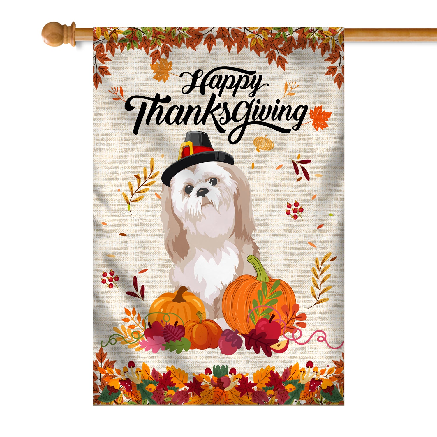Happy Thanksgiving Funny Shih Tzu Flag Fall Pumpkin Farmhouse Autumn Thanksgiving Flag | Teecentury.com