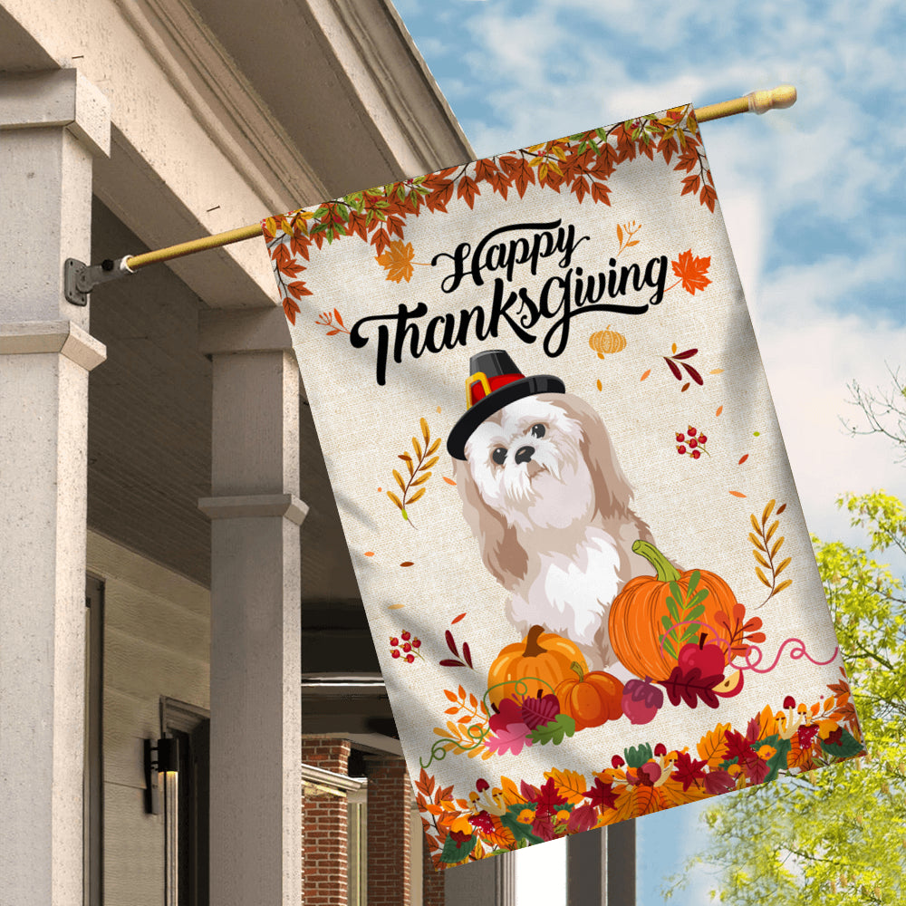 Happy Thanksgiving Funny Shih Tzu Flag Fall Pumpkin Farmhouse Autumn Thanksgiving Flag | Teecentury.com