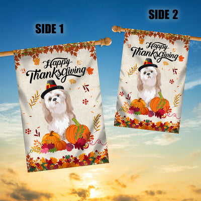 Happy Thanksgiving Funny Shih Tzu Flag Fall Pumpkin Farmhouse Autumn Thanksgiving Flag | Teecentury.com