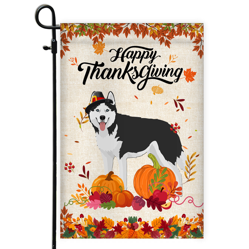 Happy Thanksgiving Funny Siberian Husky Flag Fall Pumpkin Farmhouse Autumn Thanksgiving Flag | Teecentury.com