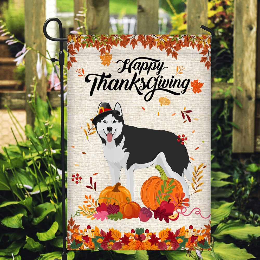 Happy Thanksgiving Funny Siberian Husky Flag Fall Pumpkin Farmhouse Autumn Thanksgiving Flag | Teecentury.com