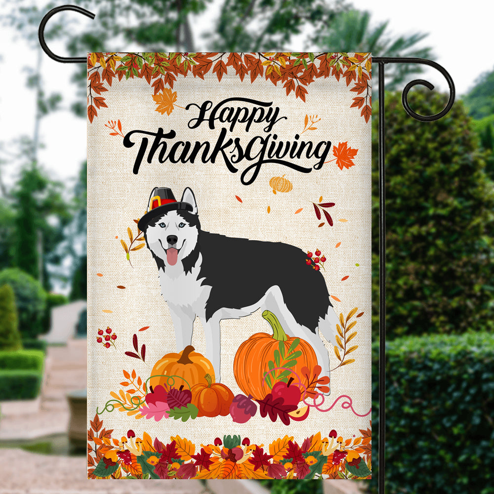 Happy Thanksgiving Funny Siberian Husky Flag Fall Pumpkin Farmhouse Autumn Thanksgiving Flag | Teecentury.com