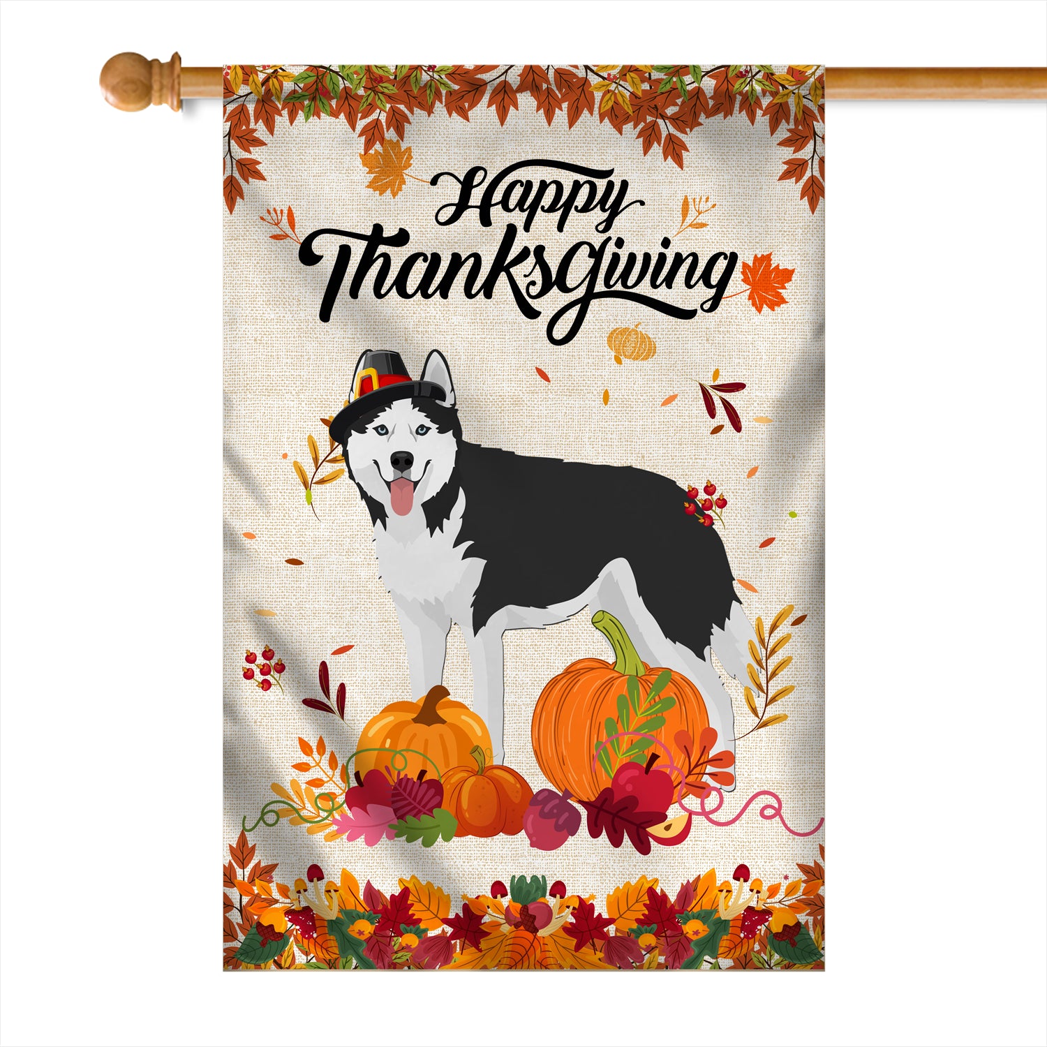 Happy Thanksgiving Funny Siberian Husky Flag Fall Pumpkin Farmhouse Autumn Thanksgiving Flag | Teecentury.com