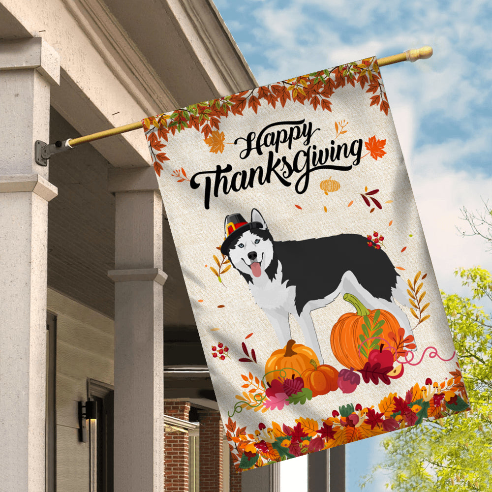 Happy Thanksgiving Funny Siberian Husky Flag Fall Pumpkin Farmhouse Autumn Thanksgiving Flag | Teecentury.com