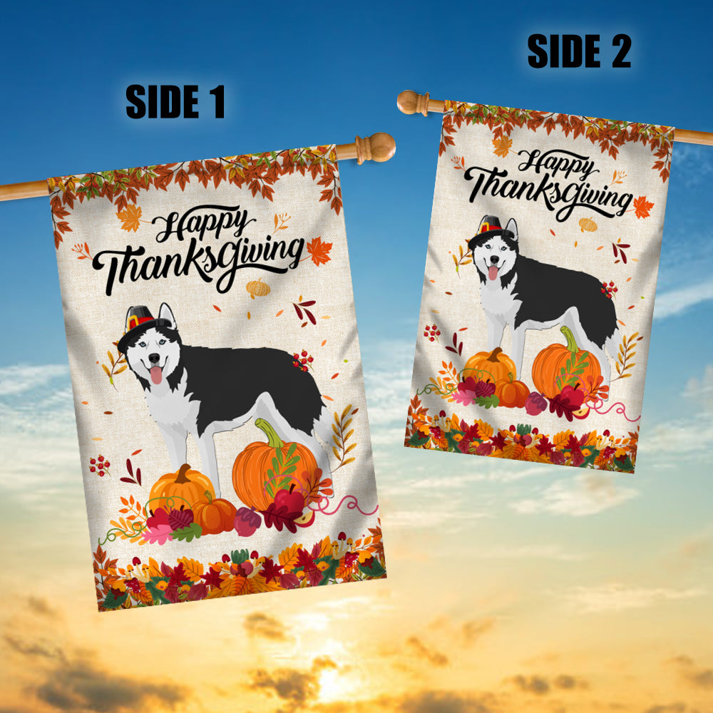 Happy Thanksgiving Funny Siberian Husky Flag Fall Pumpkin Farmhouse Autumn Thanksgiving Flag | Teecentury.com