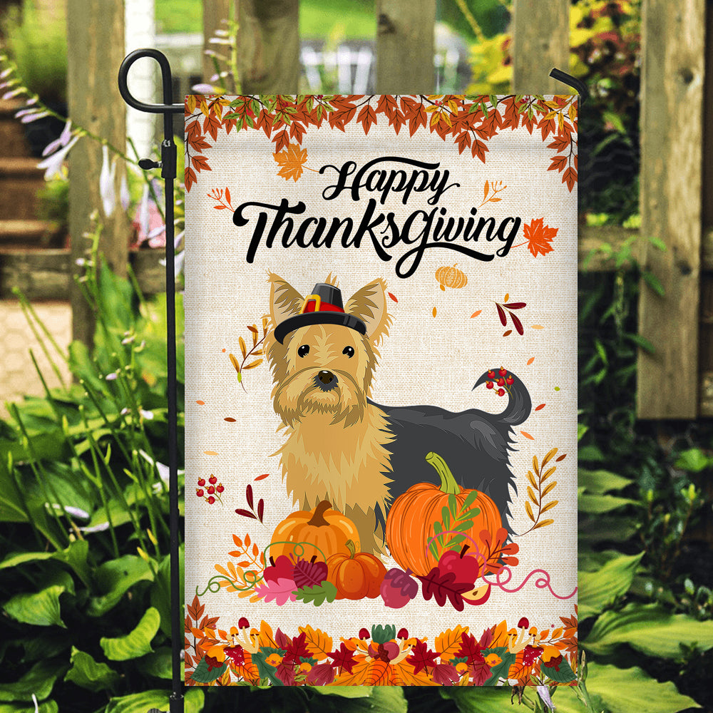 Happy Thanksgiving Funny Yorkie Flag Fall Pumpkin Farmhouse Autumn Thanksgiving Flag | Teecentury.com