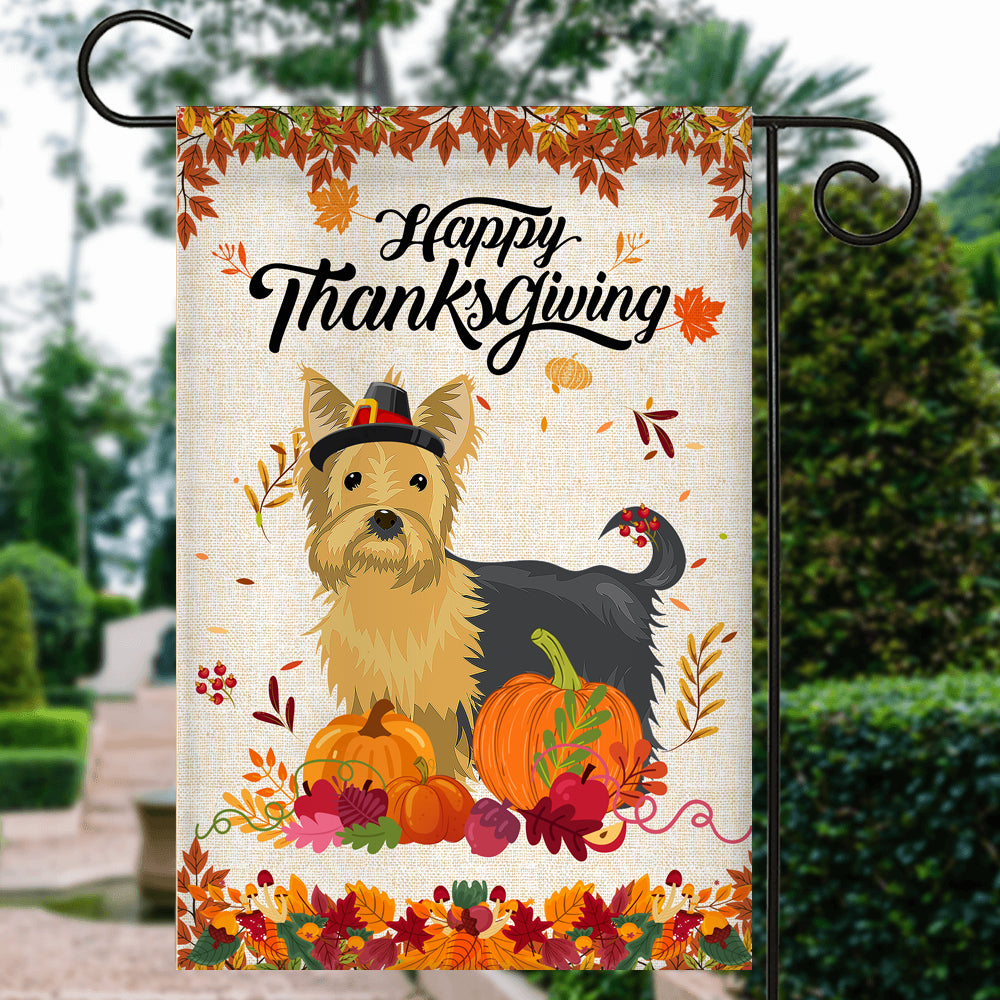 Happy Thanksgiving Funny Yorkie Flag Fall Pumpkin Farmhouse Autumn Thanksgiving Flag | Teecentury.com