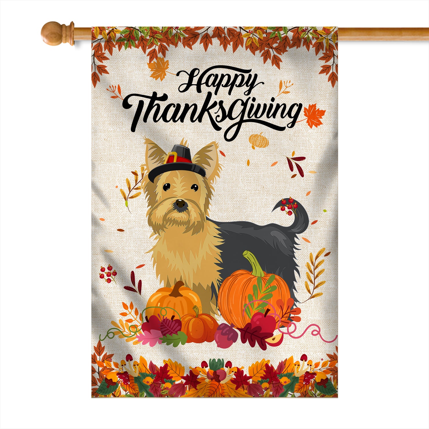 Happy Thanksgiving Funny Yorkie Flag Fall Pumpkin Farmhouse Autumn Thanksgiving Flag | Teecentury.com