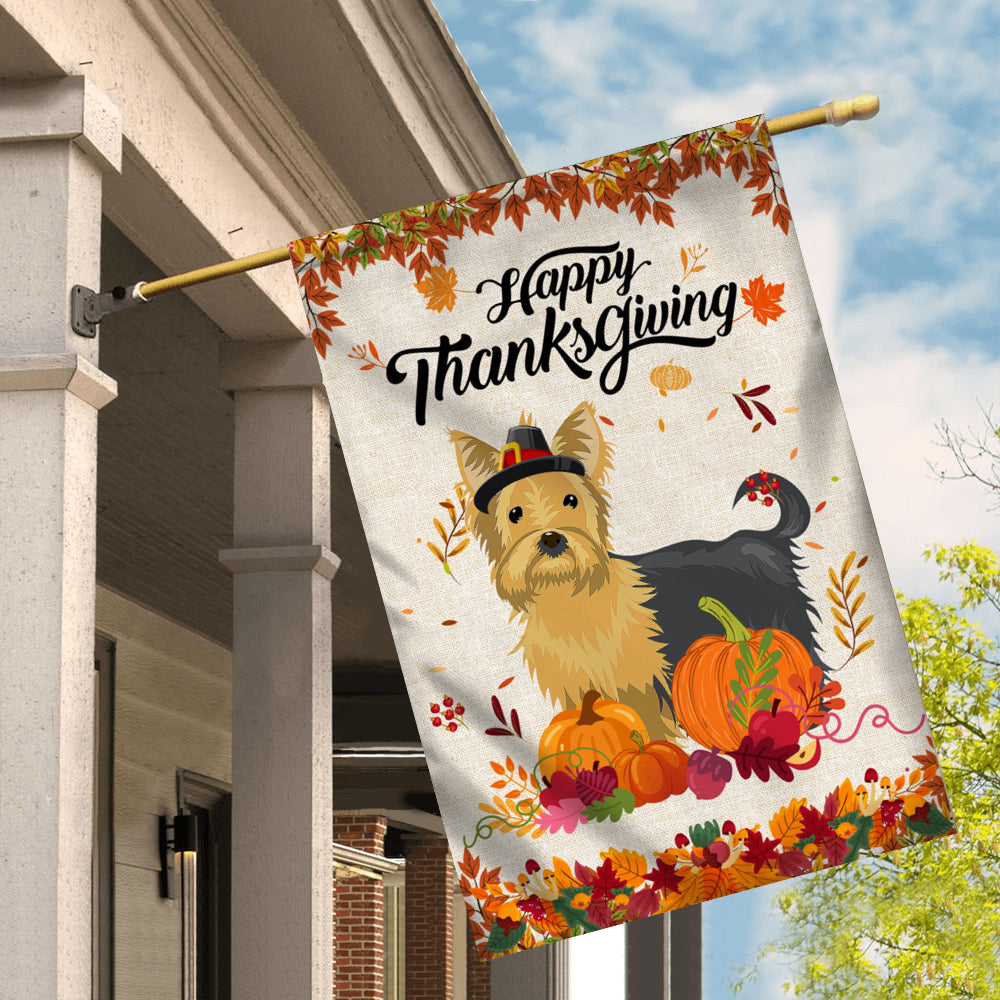 Happy Thanksgiving Funny Yorkie Flag Fall Pumpkin Farmhouse Autumn Thanksgiving Flag | Teecentury.com