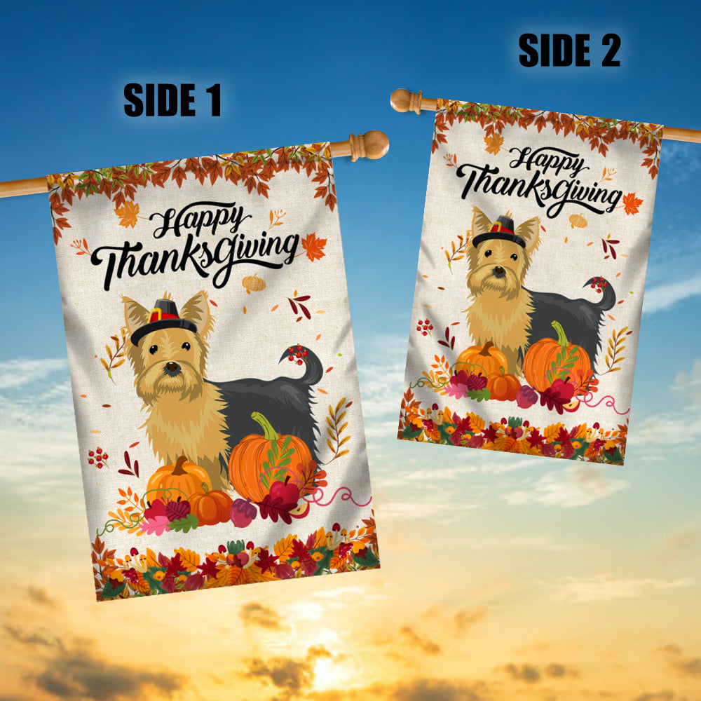 Happy Thanksgiving Funny Yorkie Flag Fall Pumpkin Farmhouse Autumn Thanksgiving Flag | Teecentury.com