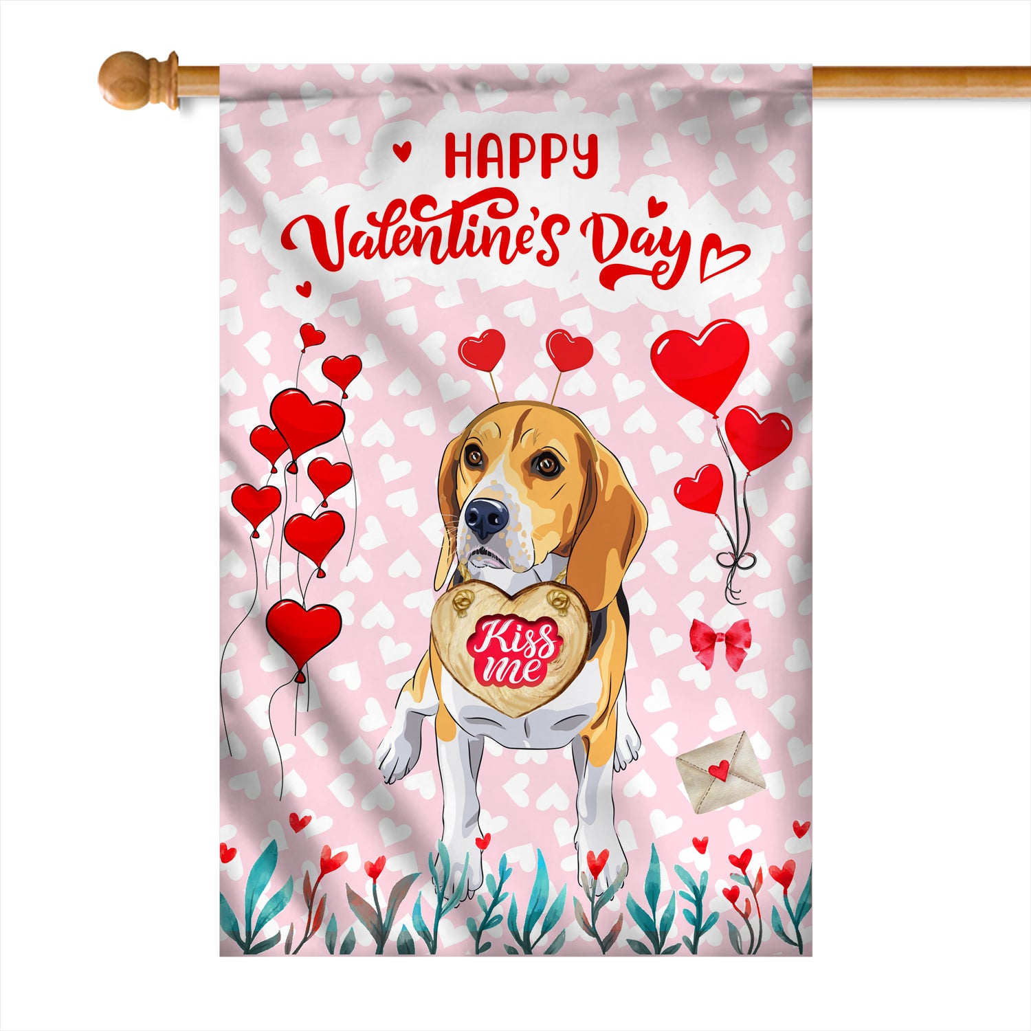 Happy Valentine's Day Beagle Flag Dogs Funny Beagle Heart Balloon Flag | Teecentury.com