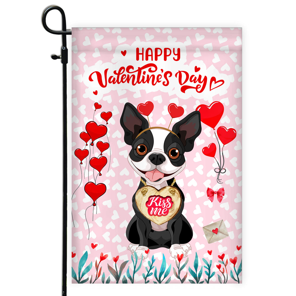 Happy Valentine's Day Boston Terrier Flag Dogs Funny Boston Terrier Heart Balloon Flag | Teecentury.com