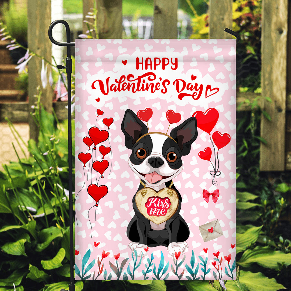Happy Valentine's Day Boston Terrier Flag Dogs Funny Boston Terrier Heart Balloon Flag | Teecentury.com