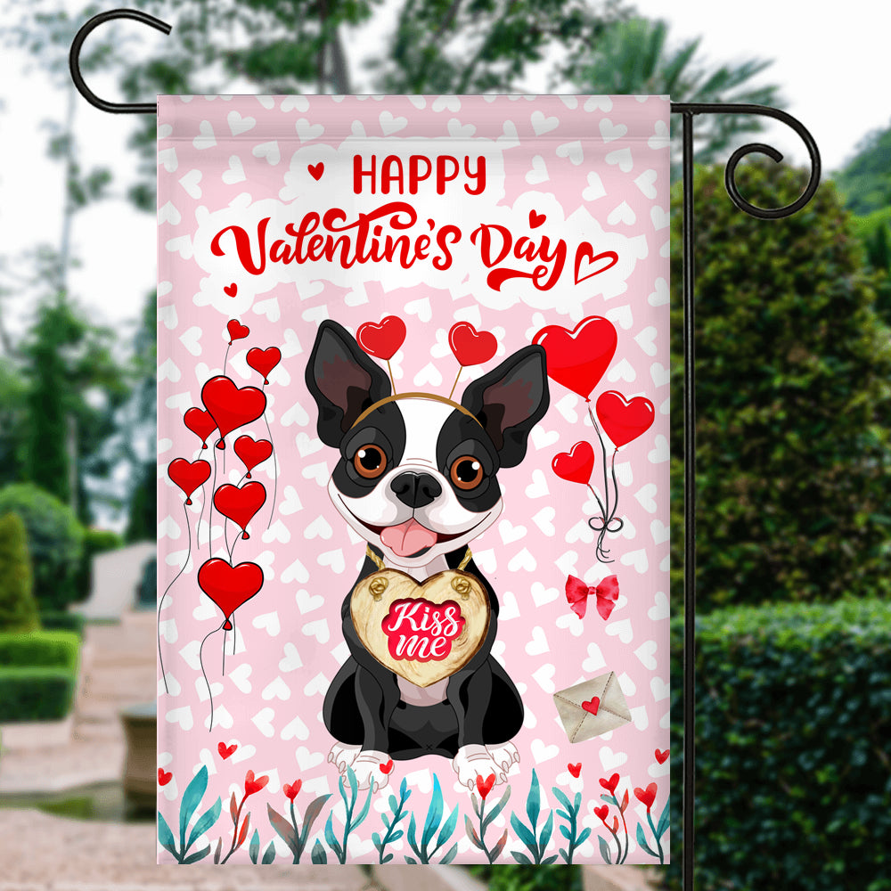 Happy Valentine's Day Boston Terrier Flag Dogs Funny Boston Terrier Heart Balloon Flag | Teecentury.com