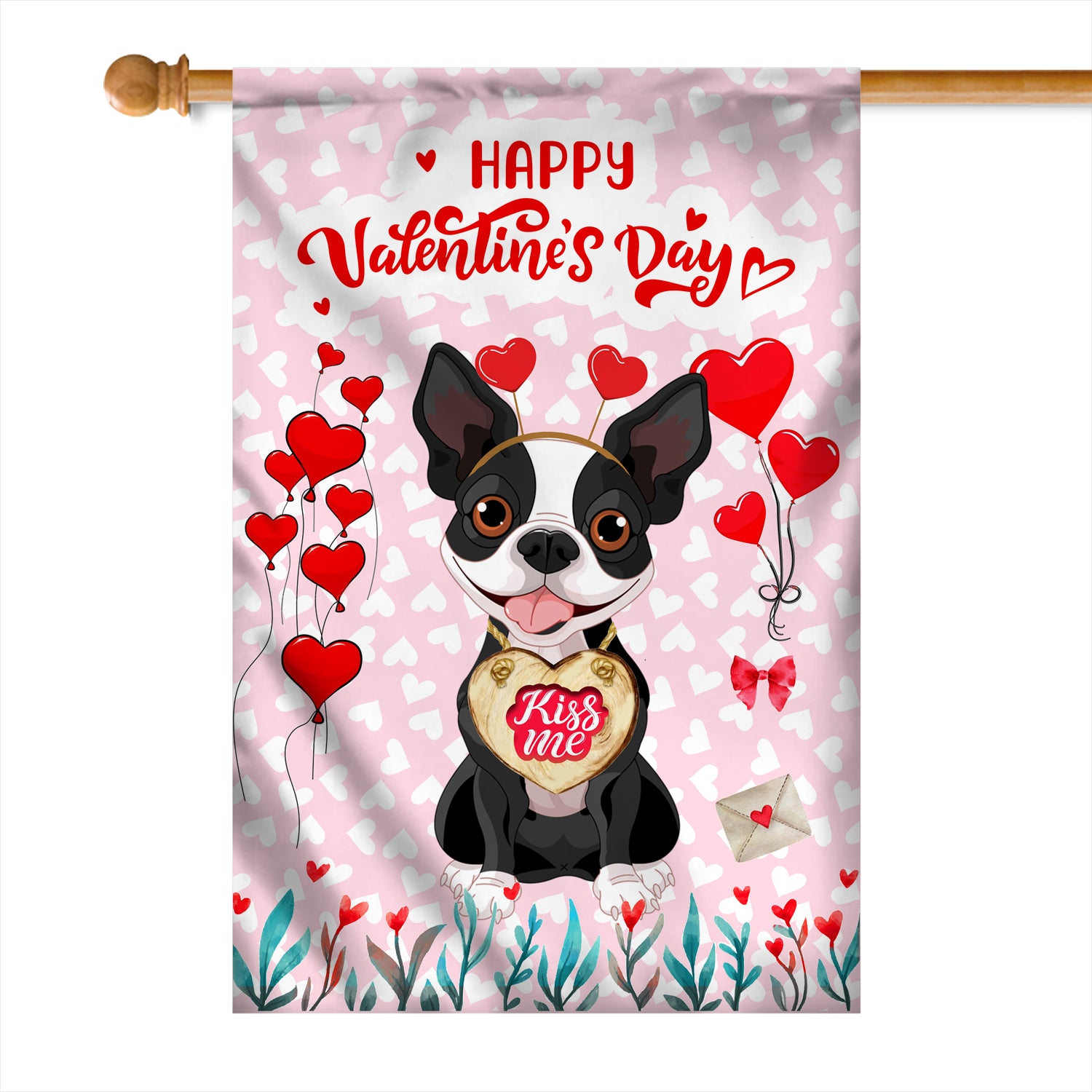Happy Valentine's Day Boston Terrier Flag Dogs Funny Boston Terrier Heart Balloon Flag | Teecentury.com