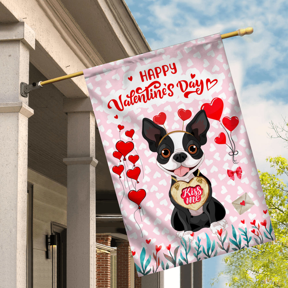 Happy Valentine's Day Boston Terrier Flag Dogs Funny Boston Terrier Heart Balloon Flag | Teecentury.com