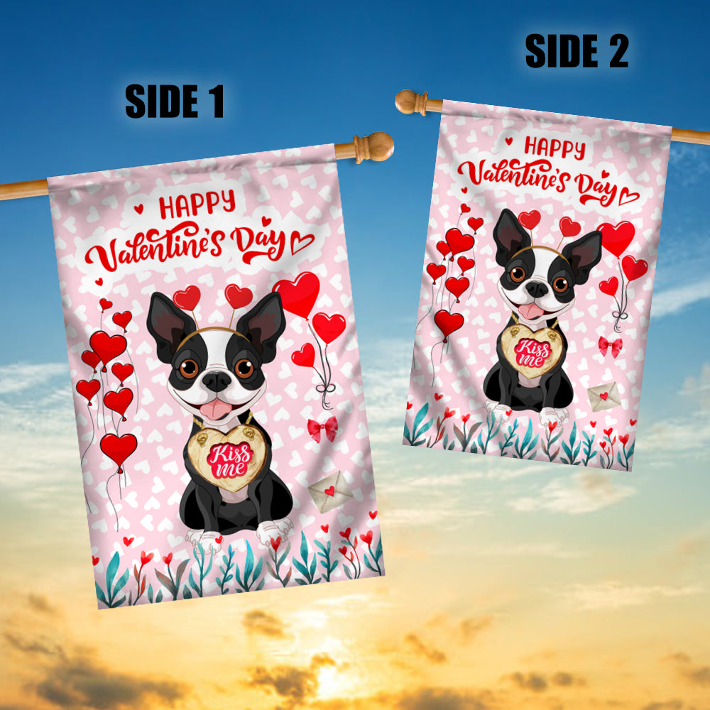 Happy Valentine's Day Boston Terrier Flag Dogs Funny Boston Terrier Heart Balloon Flag | Teecentury.com