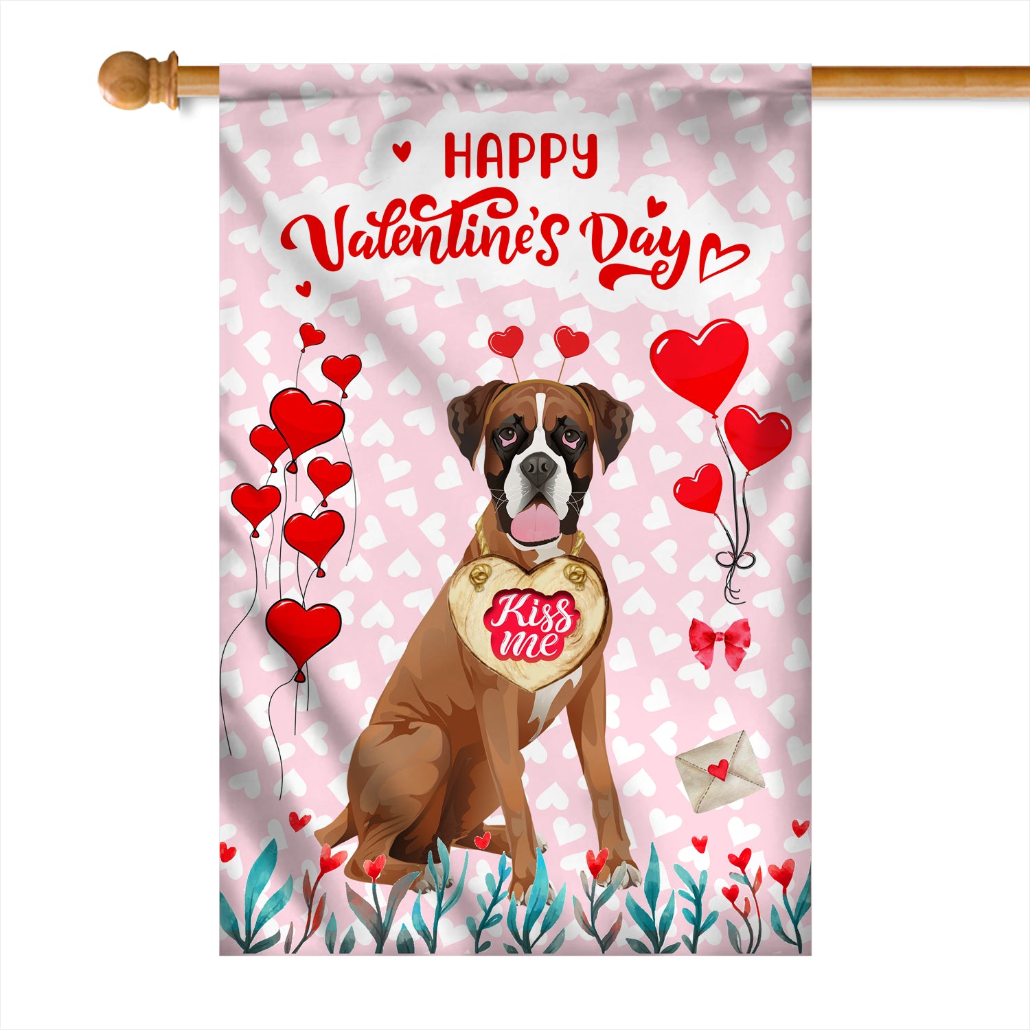 Happy Valentine's Day Boxer Flag Dogs Funny Boxer Heart Balloon Flag | Teecentury.com