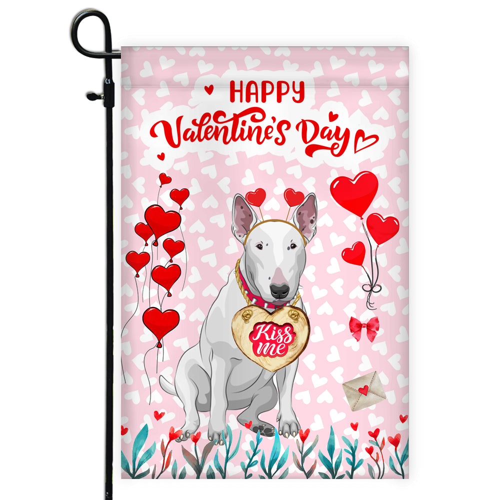 Happy Valentine's Day Bull Terrier Flag Dogs Funny Bull Terrier Heart Balloon Flag | Teecentury.com