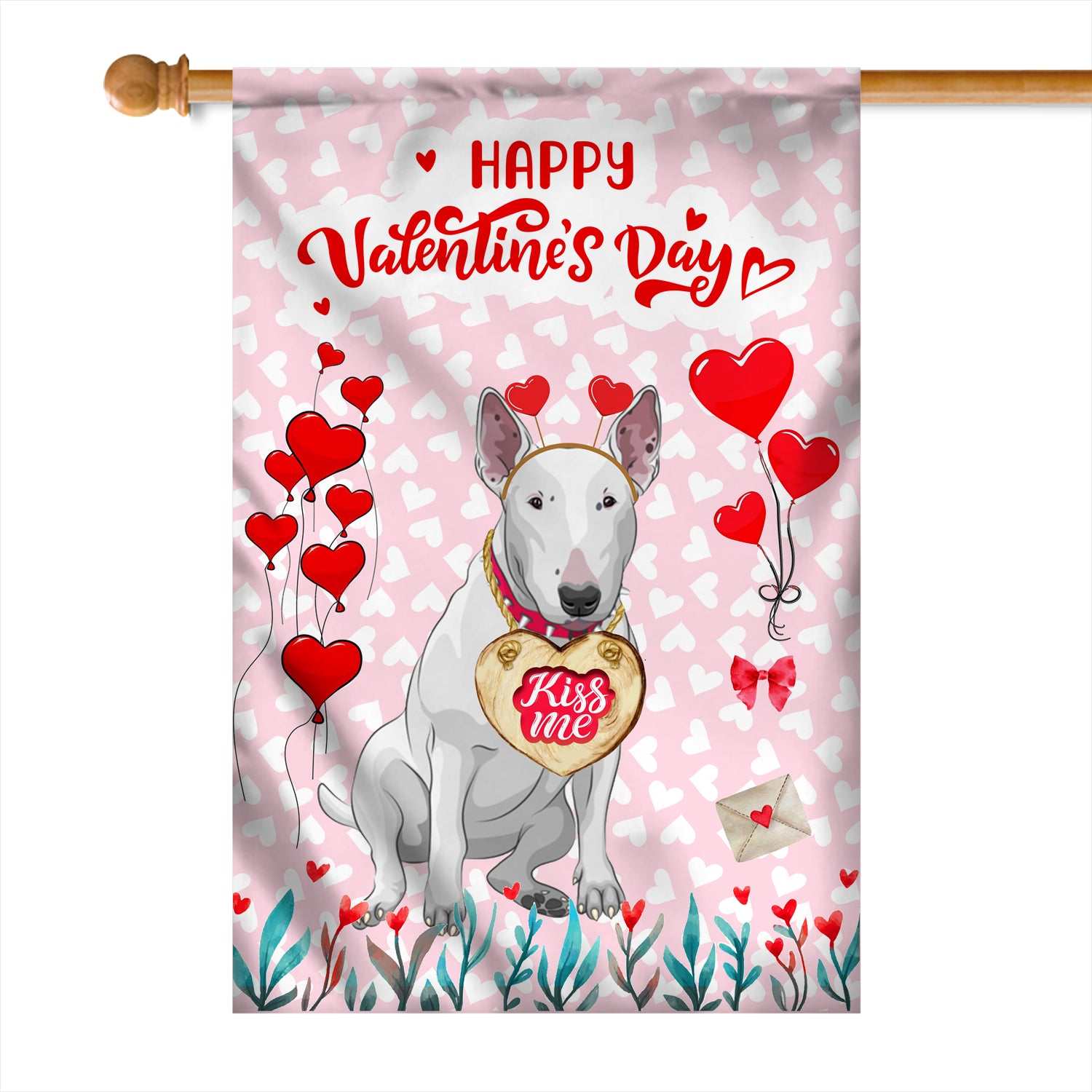 Happy Valentine's Day Bull Terrier Flag Dogs Funny Bull Terrier Heart Balloon Flag | Teecentury.com