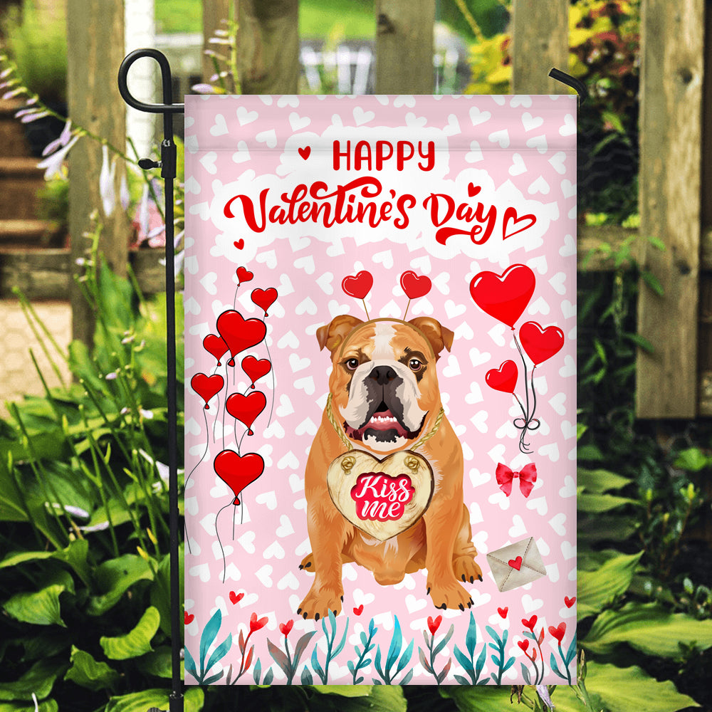 Happy Valentine's Day Bulldog Flag Dogs Funny Bulldog Heart Balloon Flag | Teecentury.com