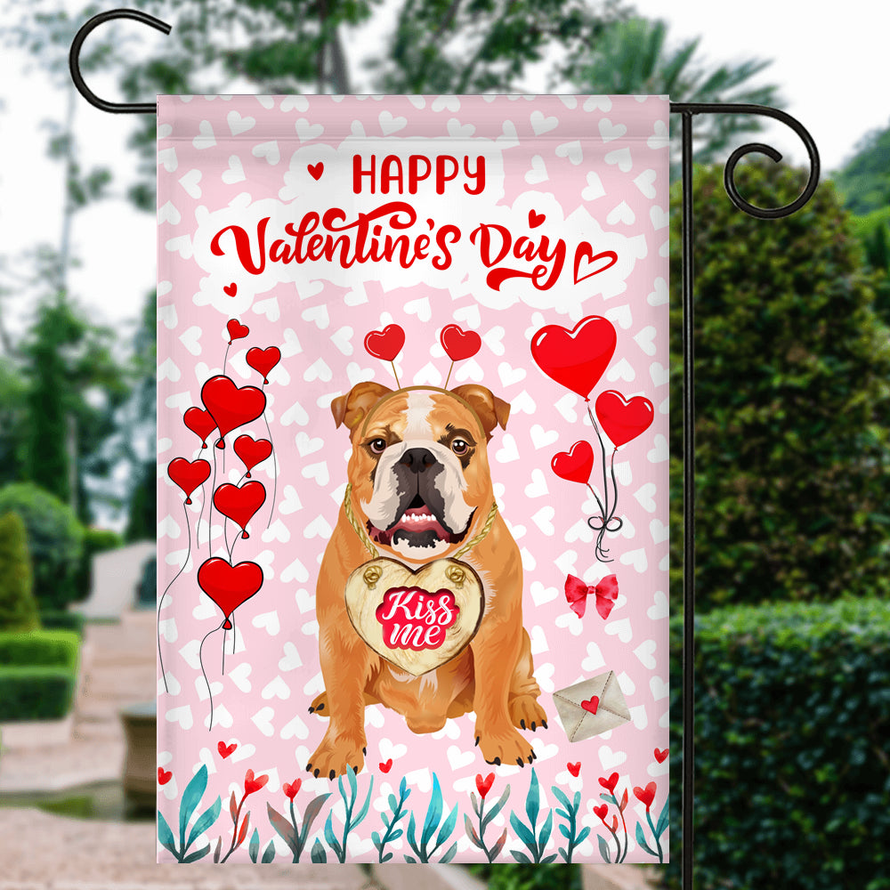 Happy Valentine's Day Bulldog Flag Dogs Funny Bulldog Heart Balloon Flag | Teecentury.com