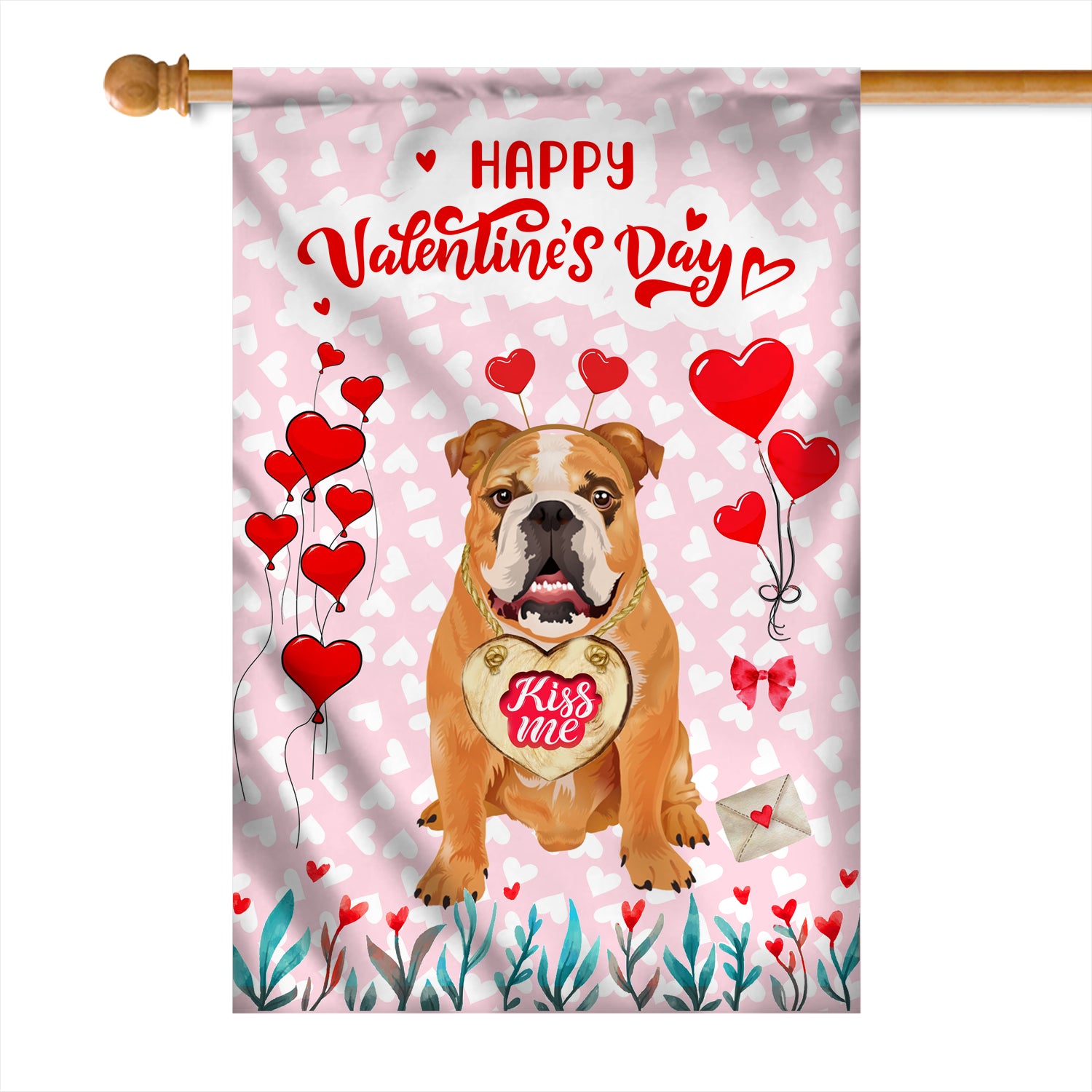 Happy Valentine's Day Bulldog Flag Dogs Funny Bulldog Heart Balloon Flag | Teecentury.com