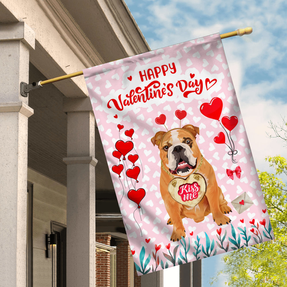 Happy Valentine's Day Bulldog Flag Dogs Funny Bulldog Heart Balloon Flag | Teecentury.com
