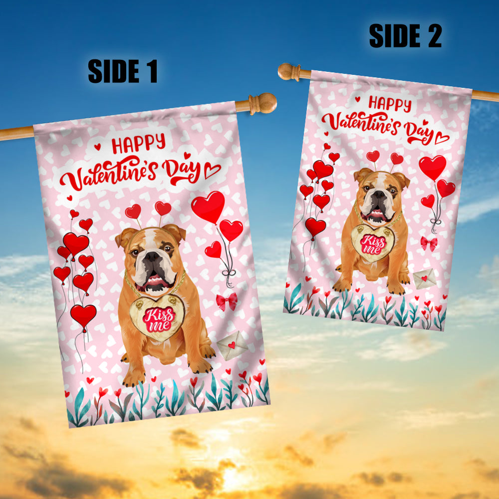 Happy Valentine's Day Bulldog Flag Dogs Funny Bulldog Heart Balloon Flag | Teecentury.com
