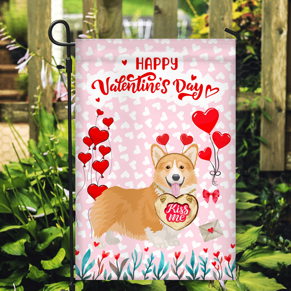 Happy Valentine's Day Corgi Flag Dogs Funny Corgi Heart Balloon Flag | Teecentury.com