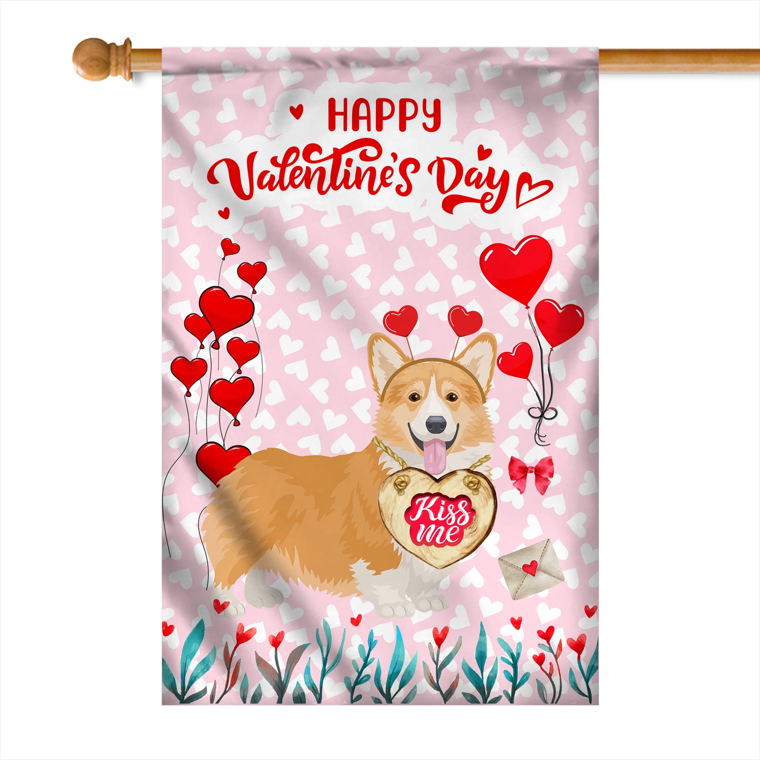 Happy Valentine's Day Corgi Flag Dogs Funny Corgi Heart Balloon Flag | Teecentury.com