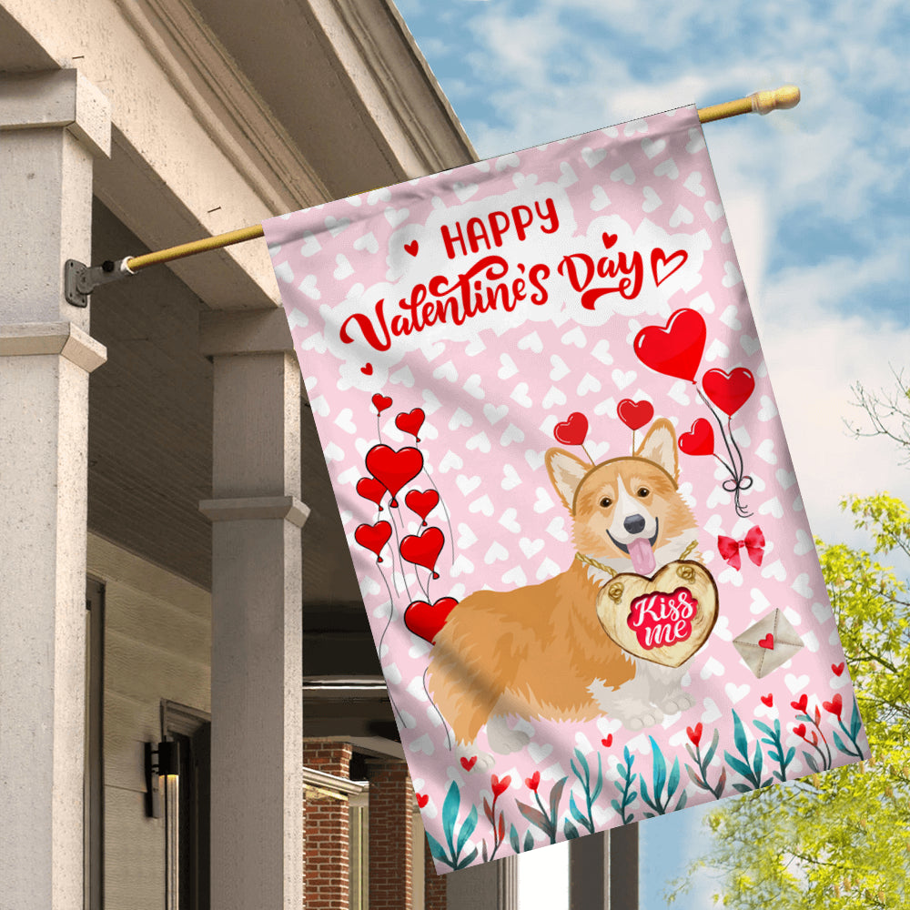 Happy Valentine's Day Corgi Flag Dogs Funny Corgi Heart Balloon Flag | Teecentury.com