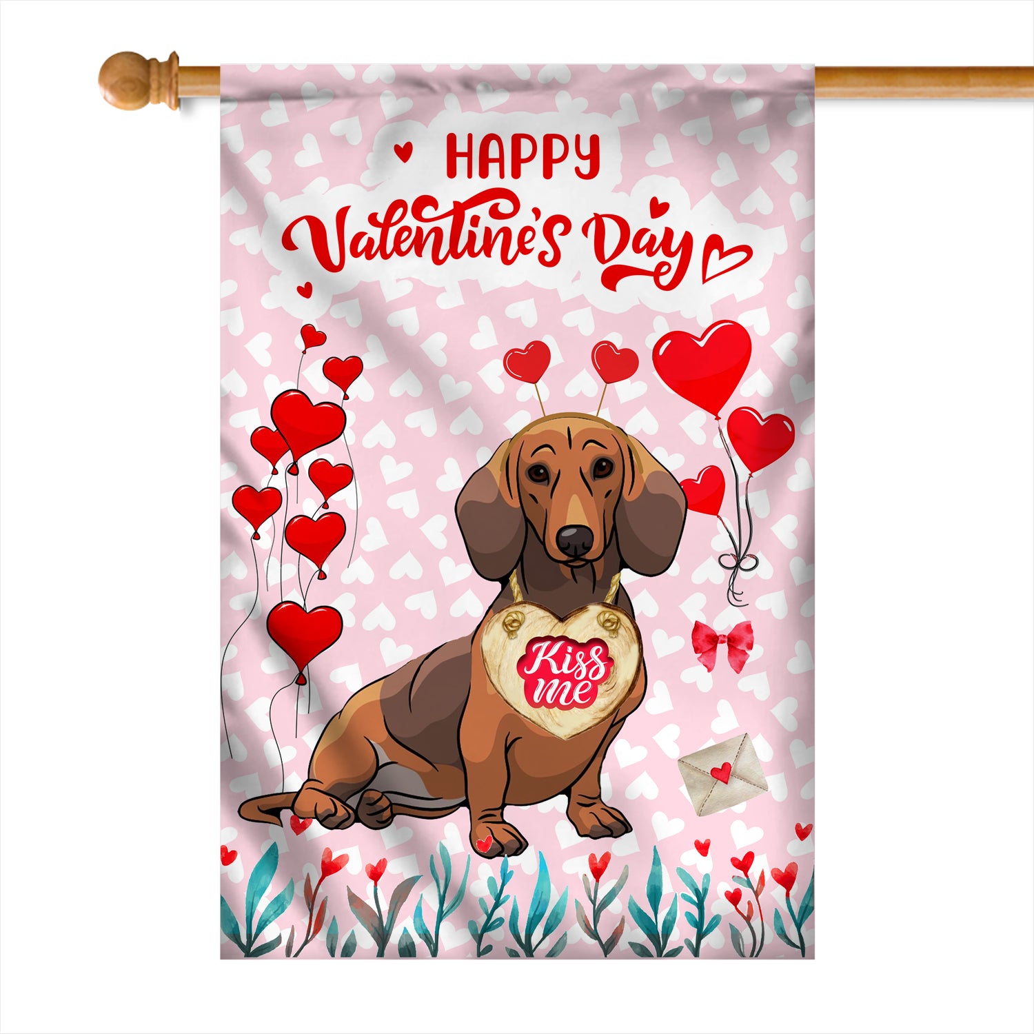 Happy Valentine's Day Dachshund Flag Dogs Funny Dachshund Heart Balloon Flag | Teecentury.com
