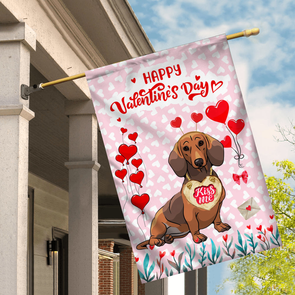 Happy Valentine's Day Dachshund Flag Dogs Funny Dachshund Heart Balloon Flag | Teecentury.com