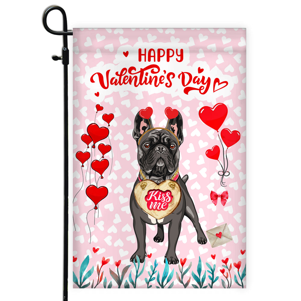 Happy Valentine's Day French Bulldog Flag Dogs Funny French Bulldog Heart Balloon Flag | Teecentury.com