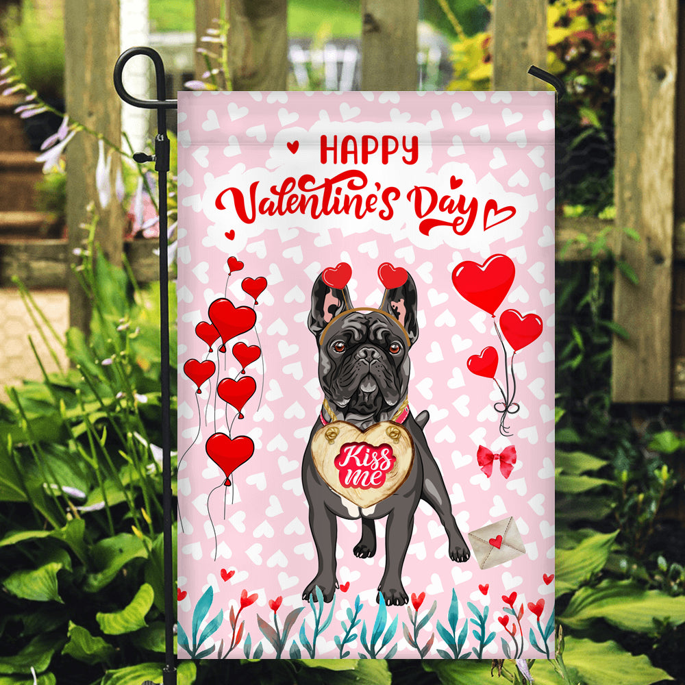Happy Valentine's Day French Bulldog Flag Dogs Funny French Bulldog Heart Balloon Flag | Teecentury.com