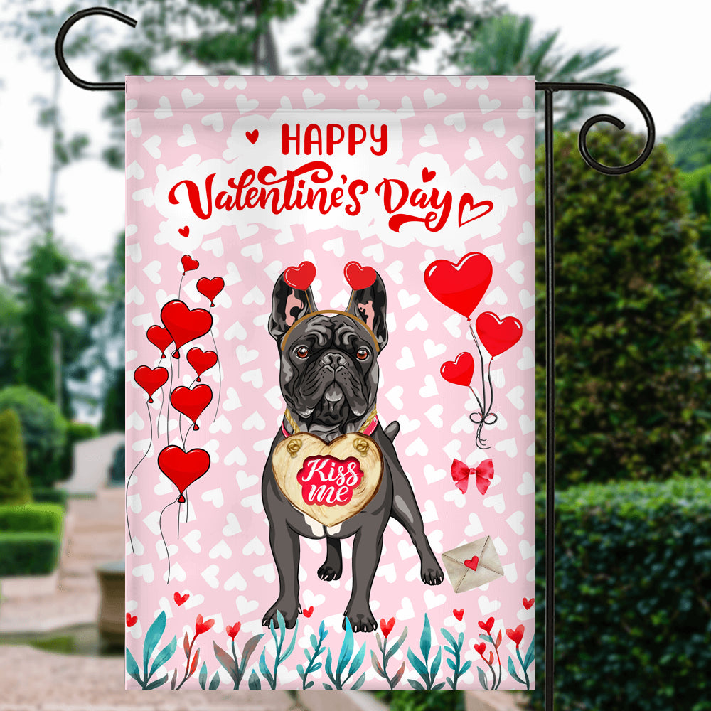 Happy Valentine's Day French Bulldog Flag Dogs Funny French Bulldog Heart Balloon Flag | Teecentury.com