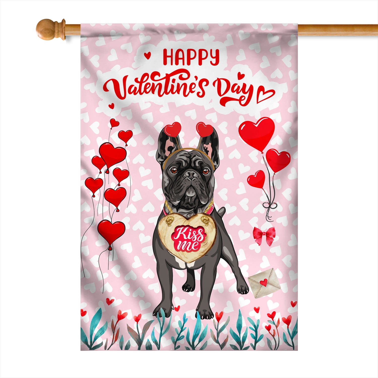 Happy Valentine's Day French Bulldog Flag Dogs Funny French Bulldog Heart Balloon Flag | Teecentury.com