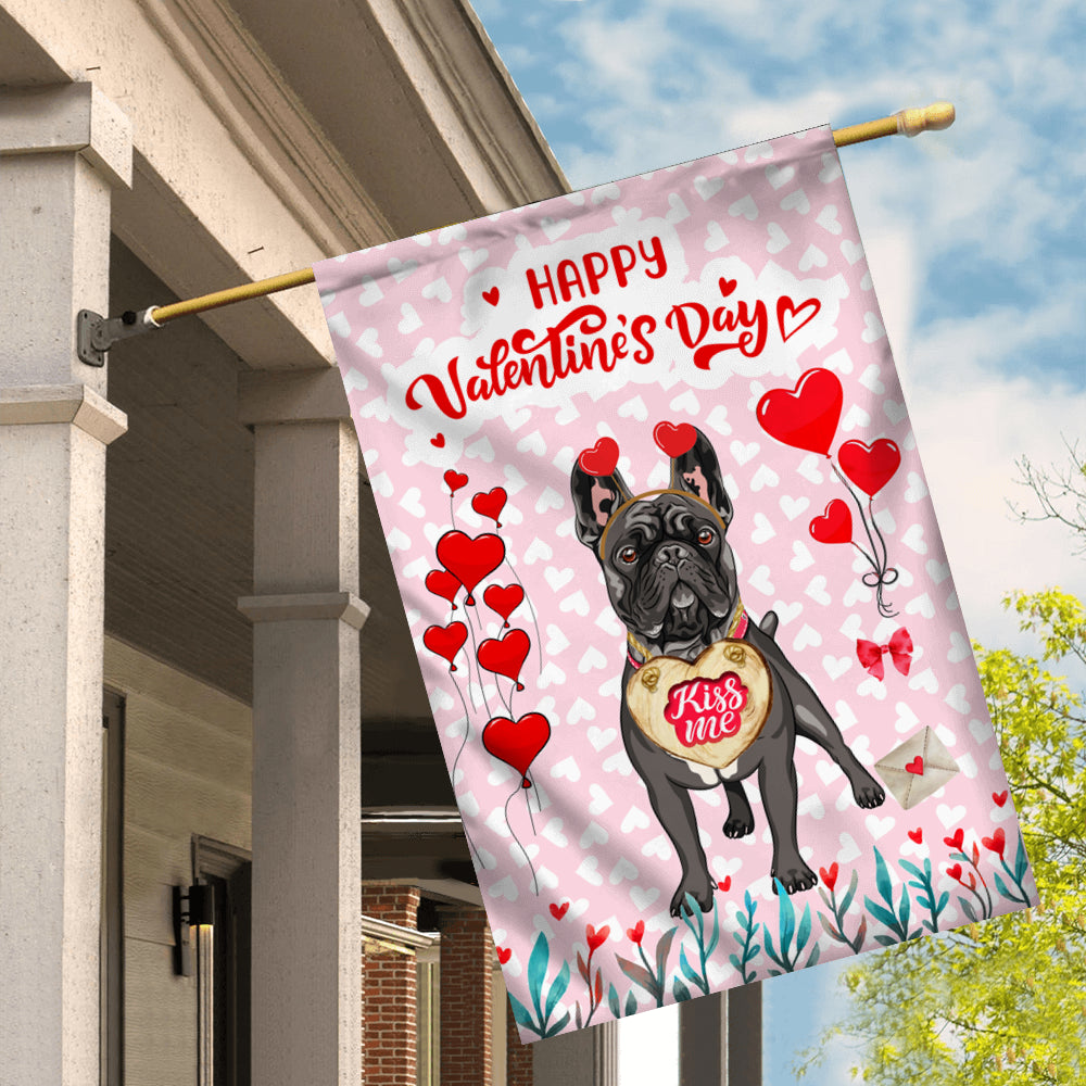 Happy Valentine's Day French Bulldog Flag Dogs Funny French Bulldog Heart Balloon Flag | Teecentury.com