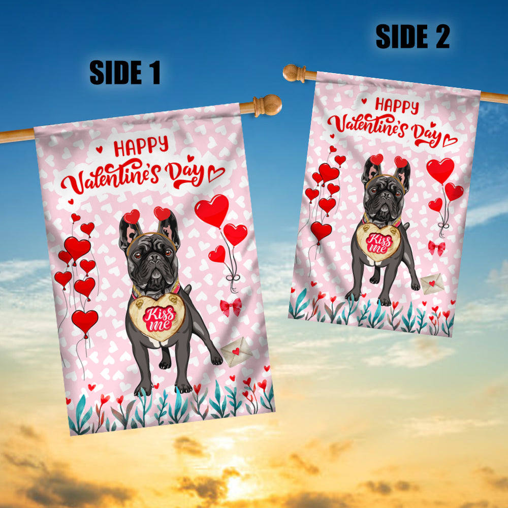Happy Valentine's Day French Bulldog Flag Dogs Funny French Bulldog Heart Balloon Flag | Teecentury.com