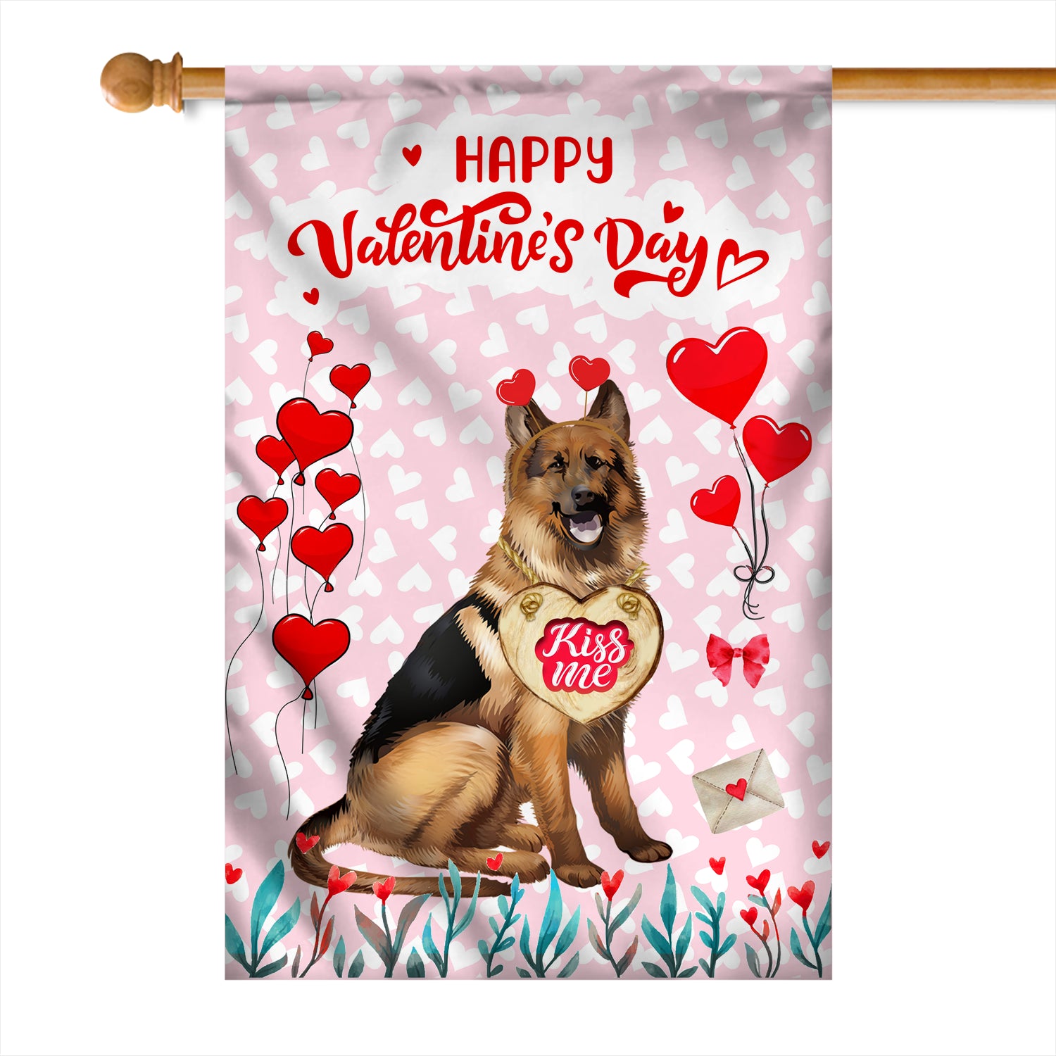 Happy Valentine's Day German Shepherd Flag Dogs Funny German Shepherd Heart Balloon Flag | Teecentury.com