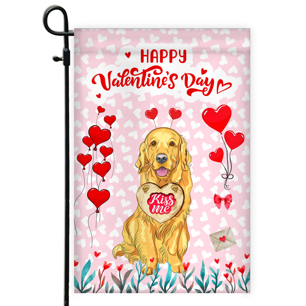 Happy Valentine's Day Golden Retriever Flag Dogs Funny Golden Retriever Heart Balloon Flag | Teecentury.com