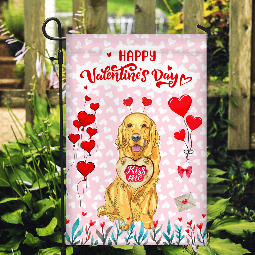 Happy Valentine's Day Golden Retriever Flag Dogs Funny Golden Retriever Heart Balloon Flag | Teecentury.com