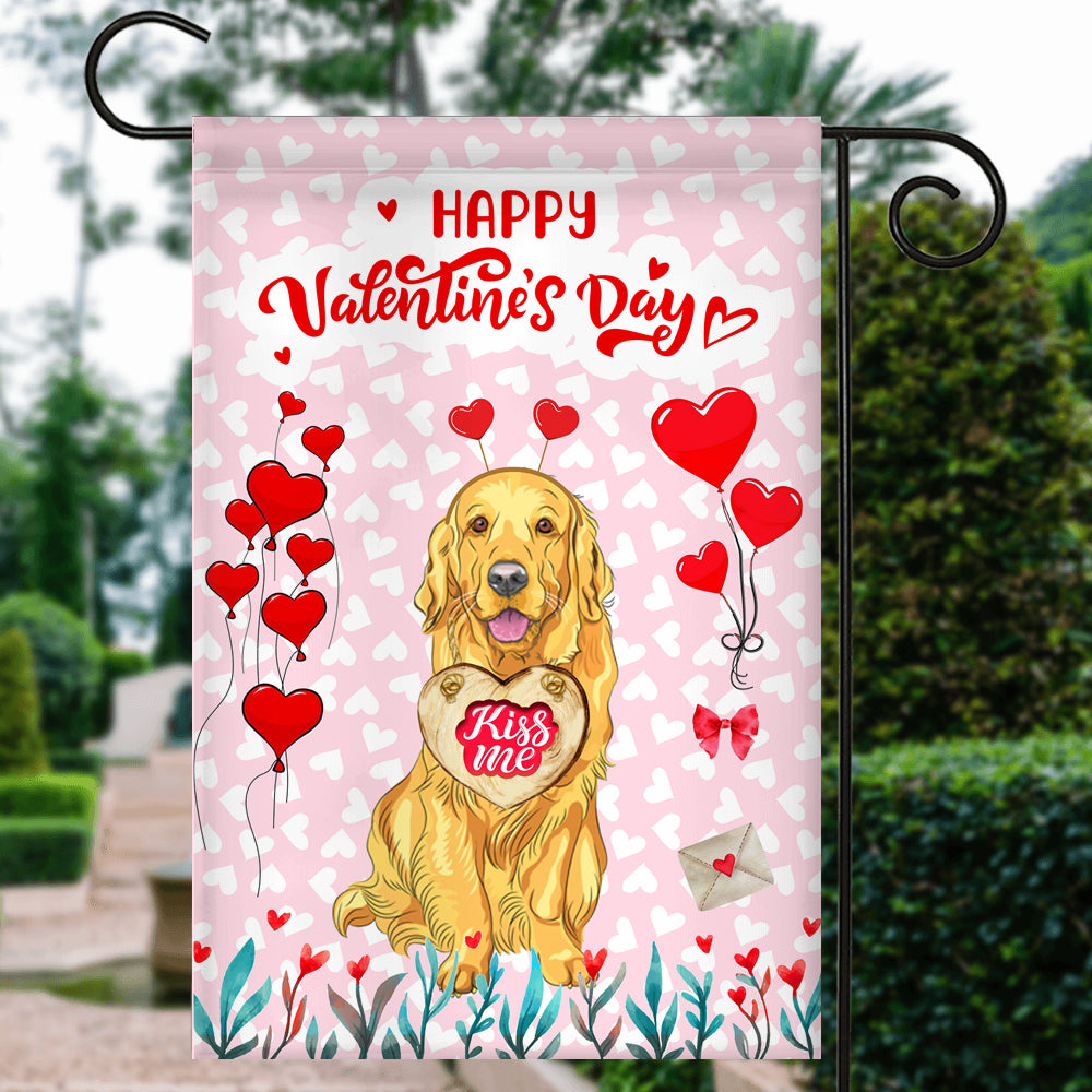 Happy Valentine's Day Golden Retriever Flag Dogs Funny Golden Retriever Heart Balloon Flag | Teecentury.com