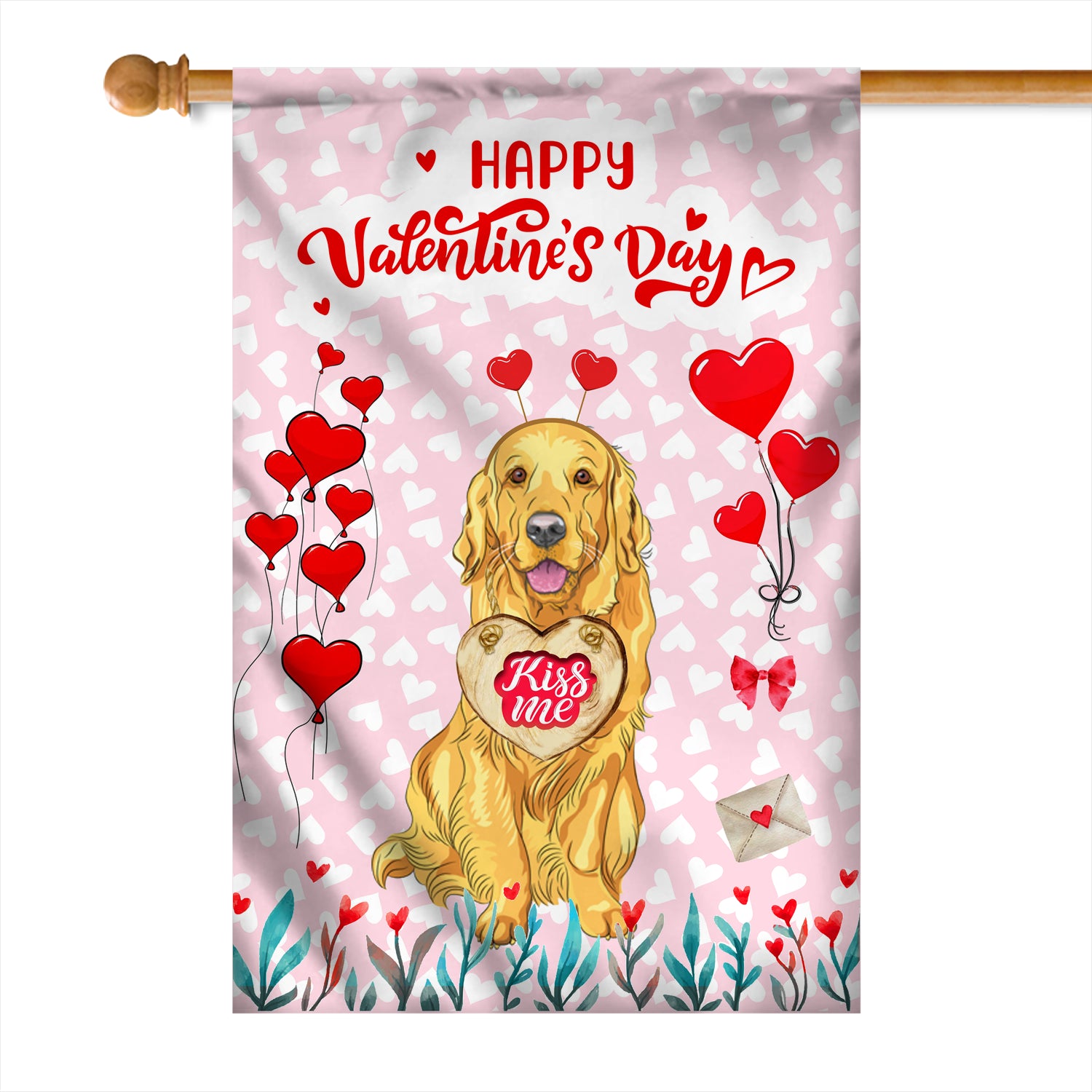 Happy Valentine's Day Golden Retriever Flag Dogs Funny Golden Retriever Heart Balloon Flag | Teecentury.com