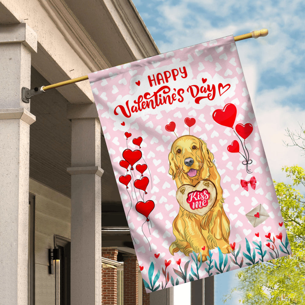 Happy Valentine's Day Golden Retriever Flag Dogs Funny Golden Retriever Heart Balloon Flag | Teecentury.com