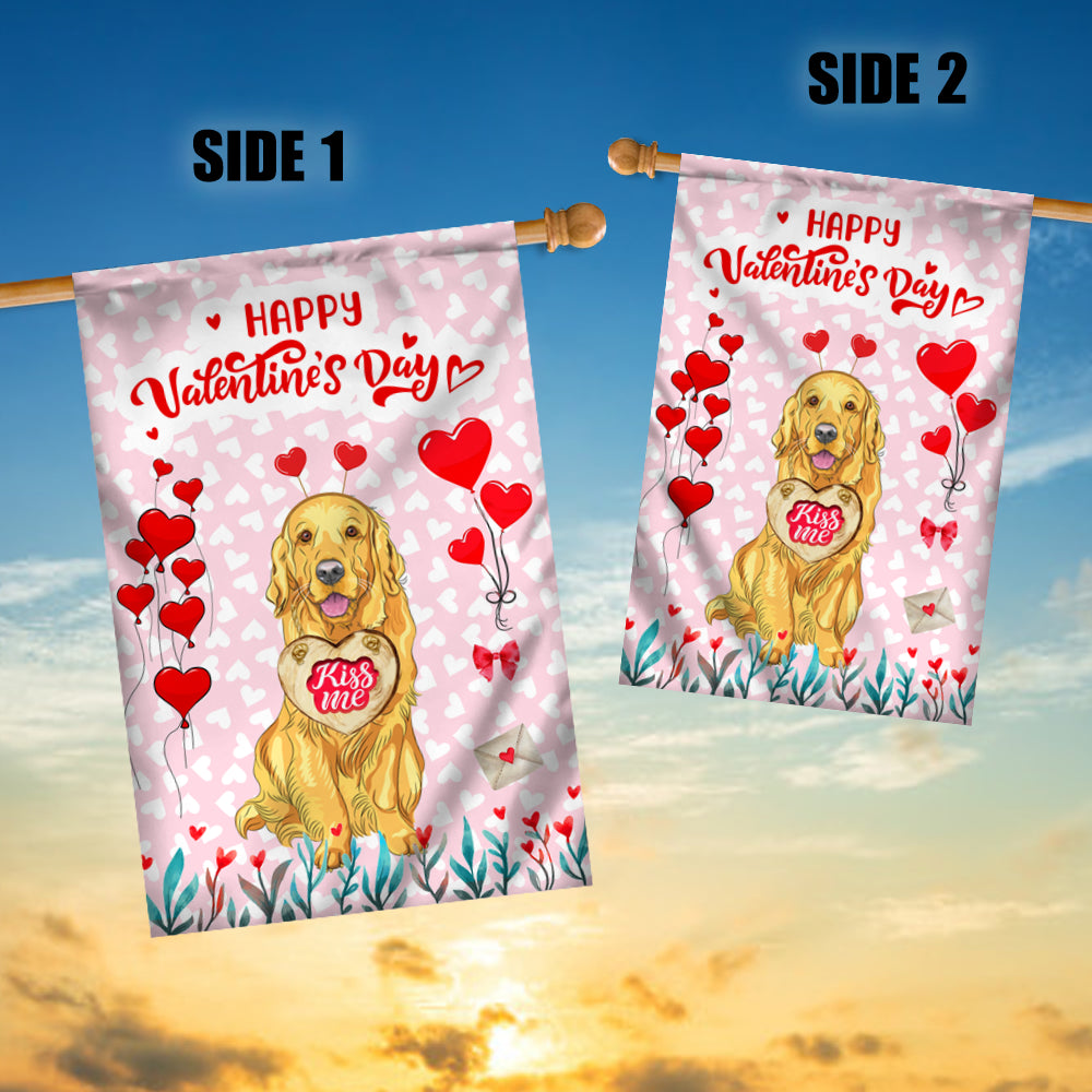 Happy Valentine's Day Golden Retriever Flag Dogs Funny Golden Retriever Heart Balloon Flag | Teecentury.com