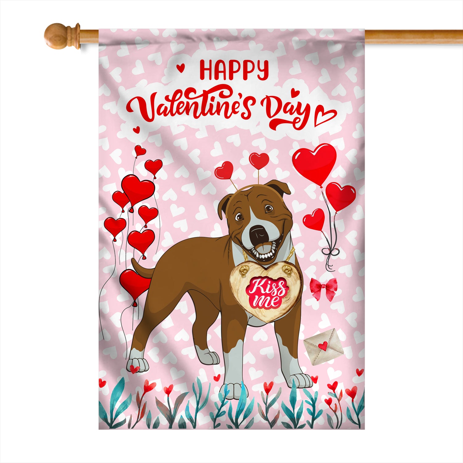 Happy Valentine's Day Pitbull Flag Dogs Funny Pitbull Heart Balloon Flag | Teecentury.com