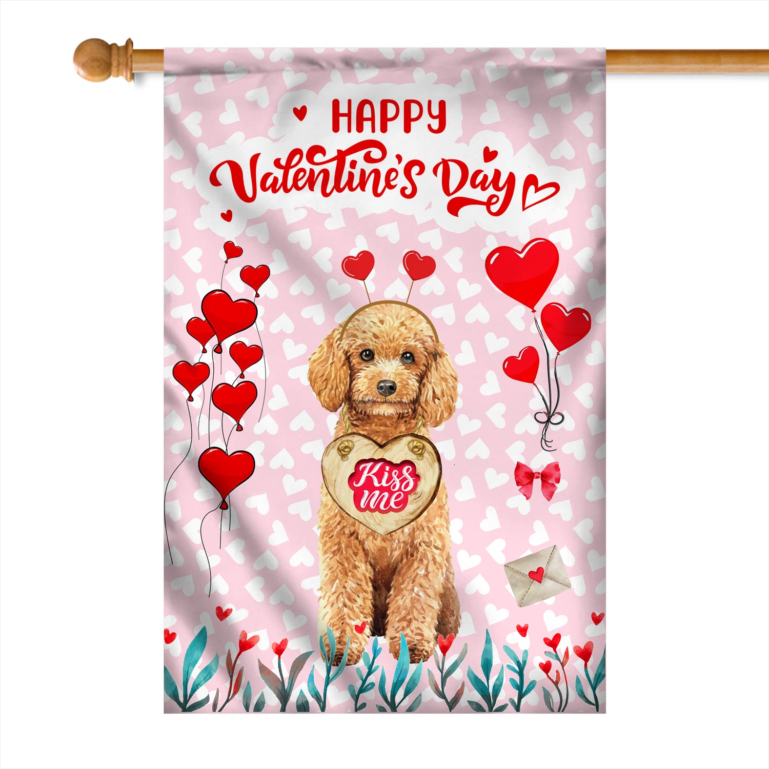 Happy Valentine's Day Poodle Flag Dogs Funny Poodle Heart Balloon Flag | Teecentury.com