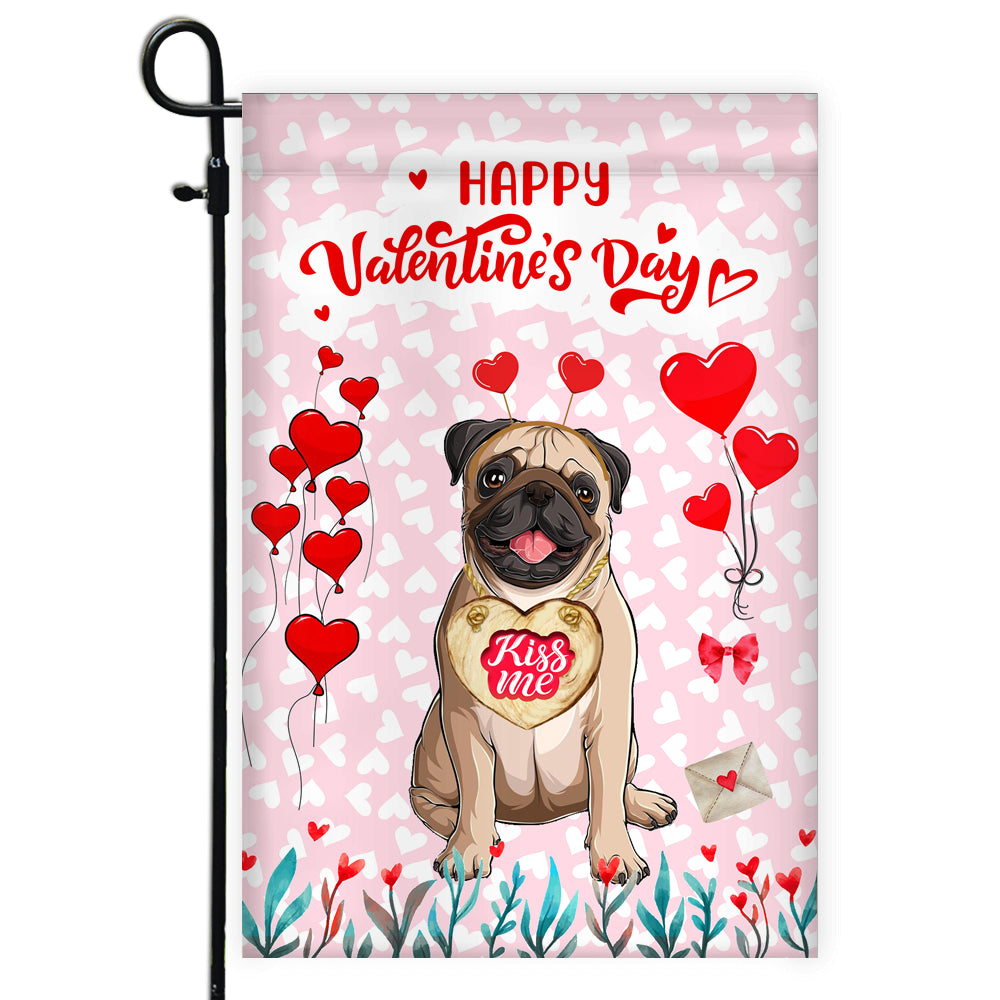Happy Valentine's Day Pug Flag Dogs Funny Pug Heart Balloon Flag | Teecentury.com
